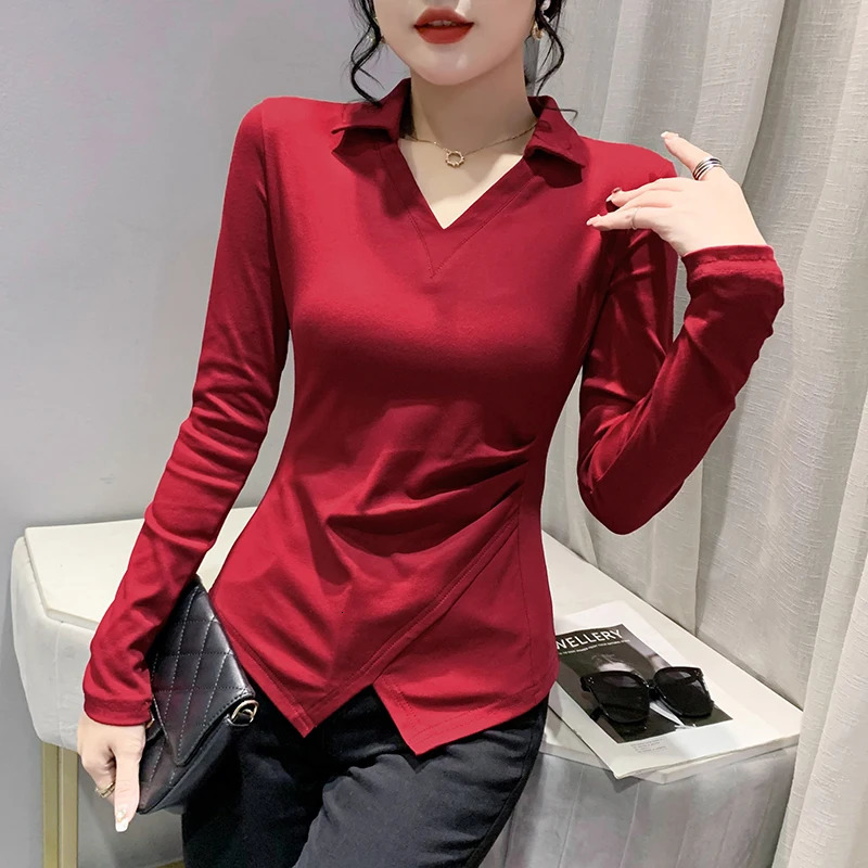 Fall Winter European Clothes T-Shirt Women Fasion Sexy POLO Collar Irregular Split Tops Long Sleeve Casual Tees 37083 240806