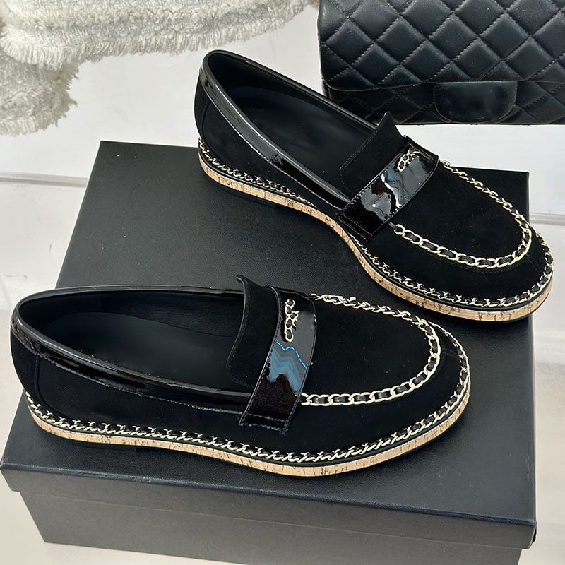 Womens Loafers Slip On Dress Shoe Designer Calfskin Chain Leisure Shoe Classic Wood Grain Soles Ladies Platform Heels Outdoor Leisure Shoe With Dust Bags Casual Shoe