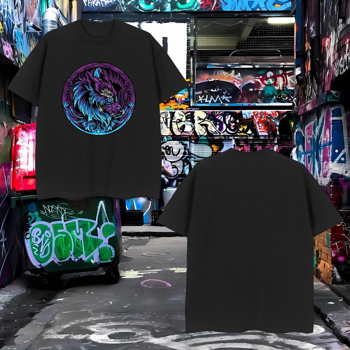 Fashion T-Shirts for Men 230g Cotton wolf Anime Printing Street Tees Shirts Short Sleeve O-Neck TOP Quality Couples T Shirts Floral Print