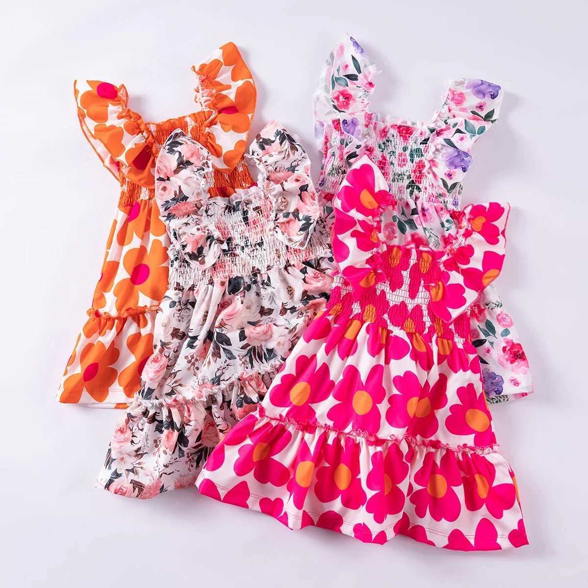 Summer girls printed princess dress sleeveless fashion Peplum square neckline dress for girls and childrenW240720