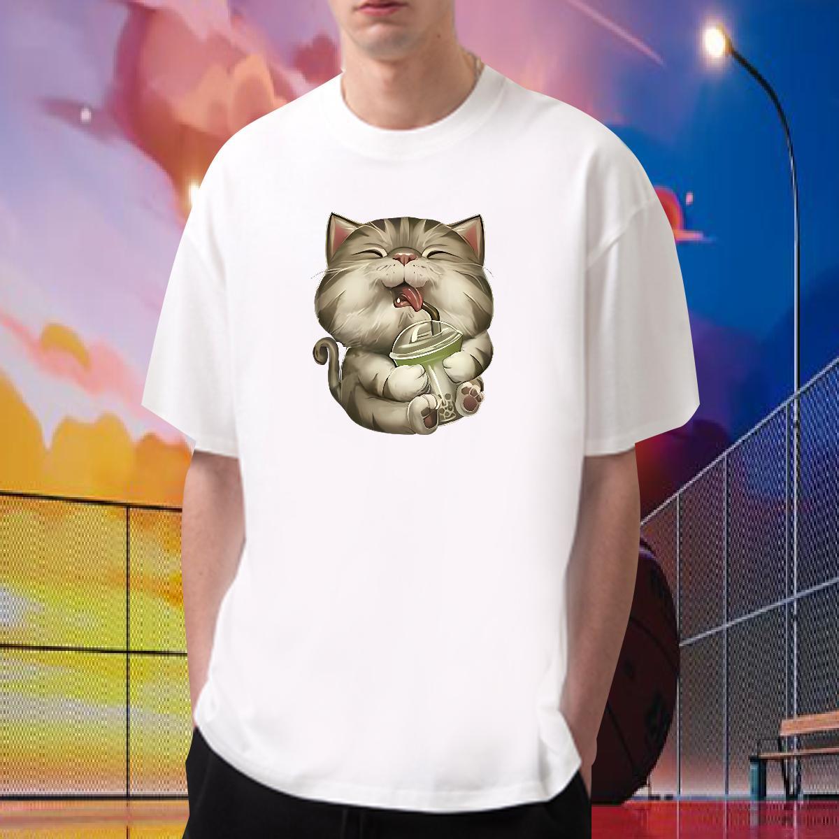 Classic Casual T Shirts Men 230g Cotton cat Summer Casual Tops Tees Breathable Short Sleeve Comfortable Men Tshirts Custom Printing