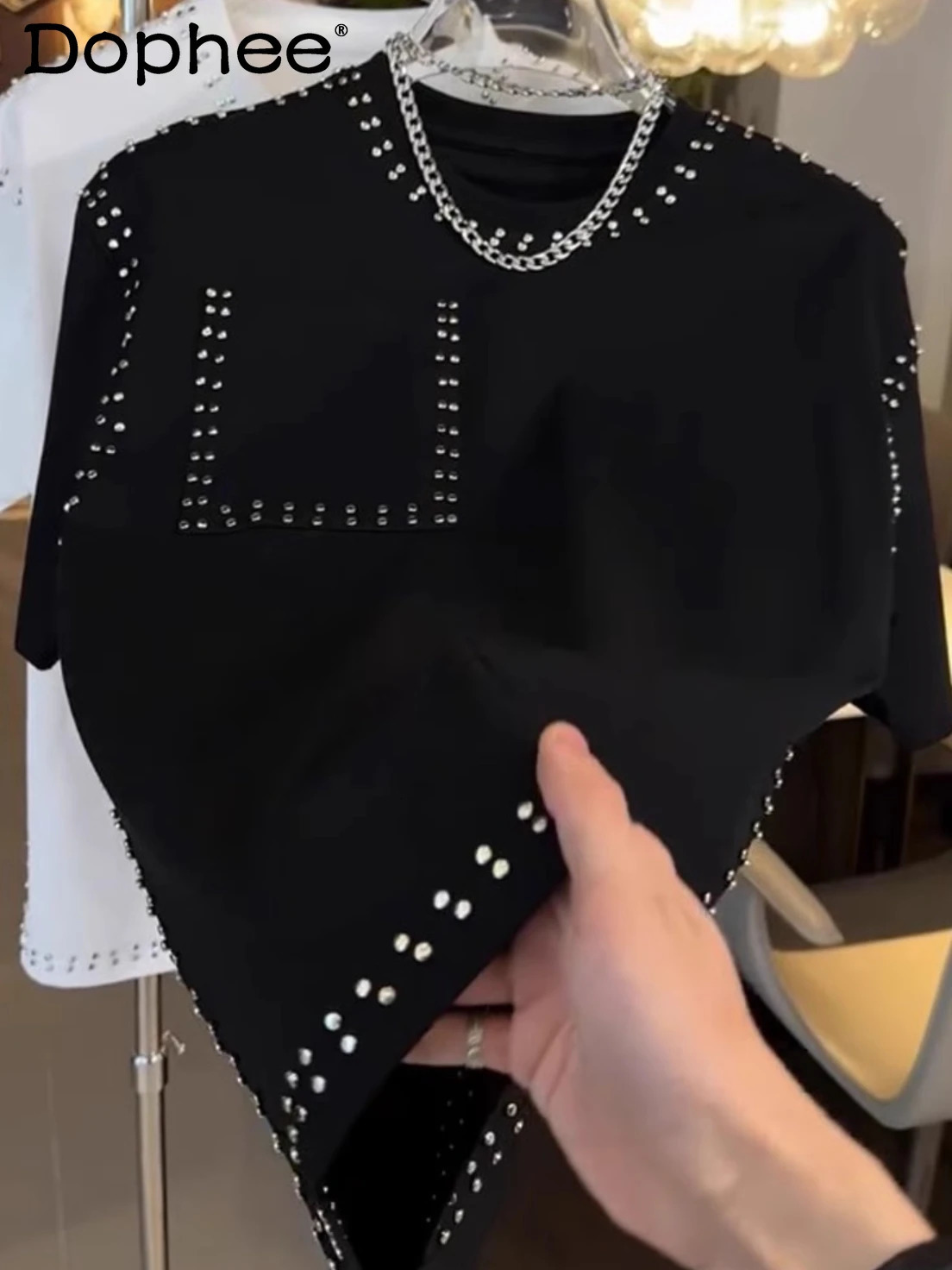 Fashion Trend Mens Tshirt 2024 Summer Loose Rivet Half Sleeve Casual Handsome Solid Color Short 240806