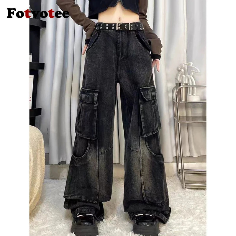 FOTVOTEE Cargo Pants Women Casual Loose Pockets Vintage Streetwear Denim Pants Korean Style Fashion Wide Leg High Waisted Jeans 240806