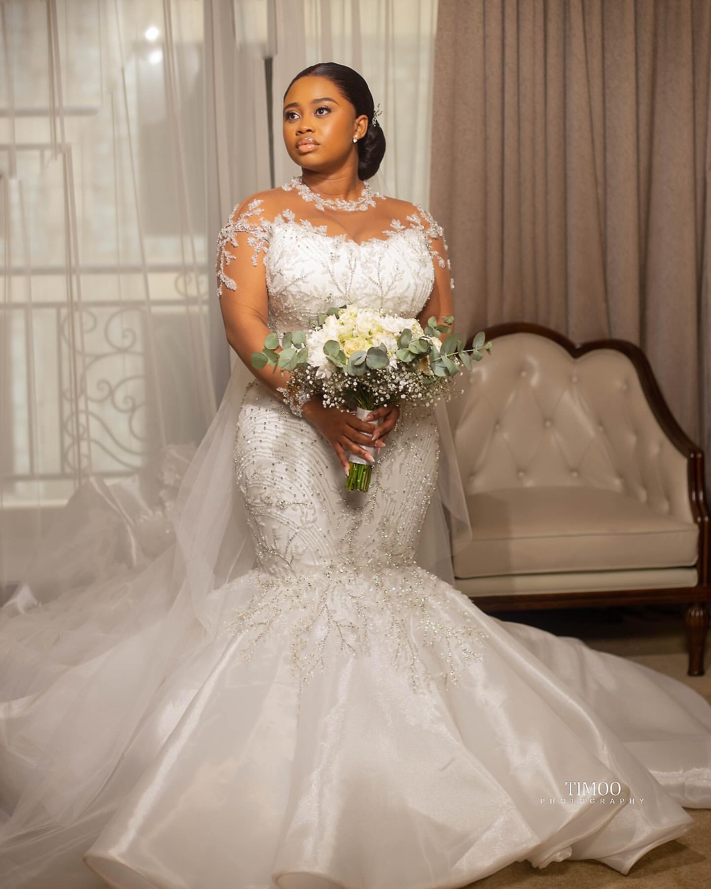 2024 Arabic Aso Ebi Plus Size Ivory Mermaid Wedding Dresses Lacefull Beaded Crystals Full Sleeves Vintage Bridal Gowns Dress ZJ204