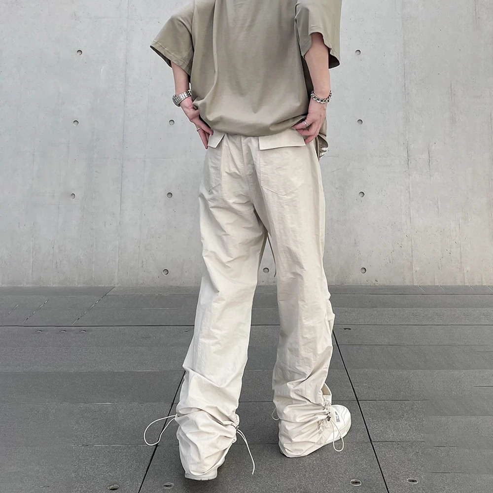 Baggy Cargo Pants Men Y2k Streetwear Bright White Straightleg Autumn Elastic Waist Wide Leg Casual Oversized Stacked Trousers 240806