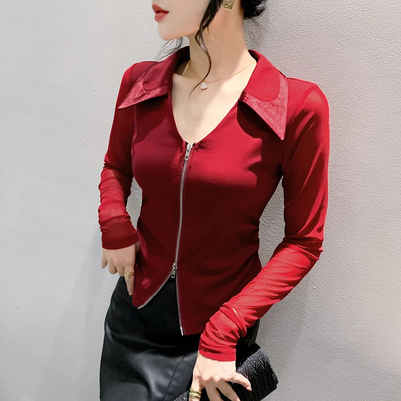 Spring European Clothes T-Shirt Chic Spliced Sexy Zipper Cardigan Womens Tops Long Sleeve Bottoming Shirt Tees 4 240806