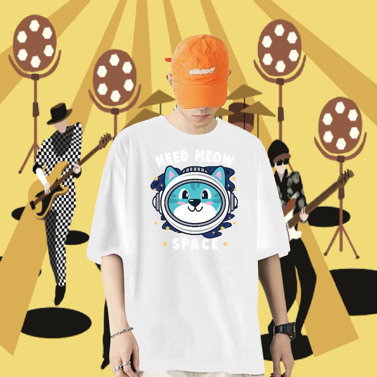 Fashion New Man T Shirts 230g 100% Cotton cat Street Casual Tops Tees Breathable Short Sleeve Unisex Mens Tshirts Black Oversized