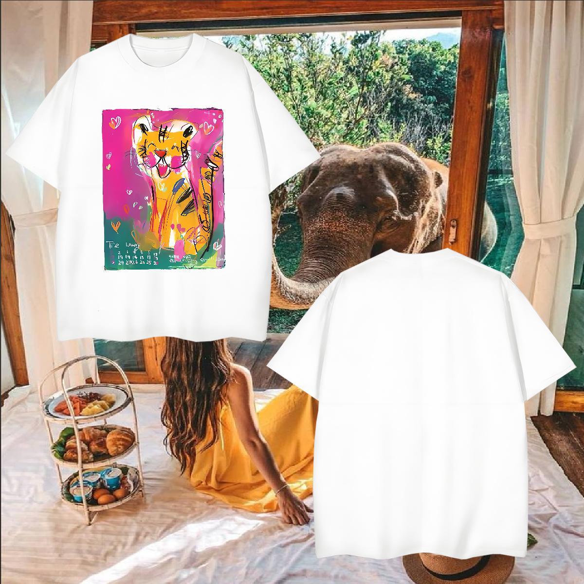 Designer T Shirts Men 230g Pure Cotton tiger Beach Top Tees Breathable Short Sleeve Brand Men Tshirts White Plus Size