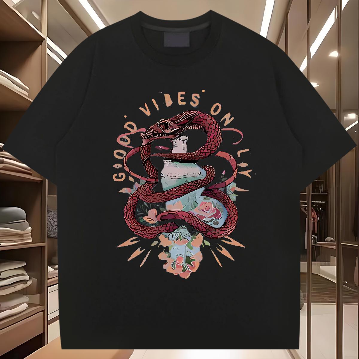 Fashion Casual T Shirts Men 230g 100% Cotton snake Beach Tees Shirts Breathable Crew Neck Designer Men Clothes T-Shirt Anime Print