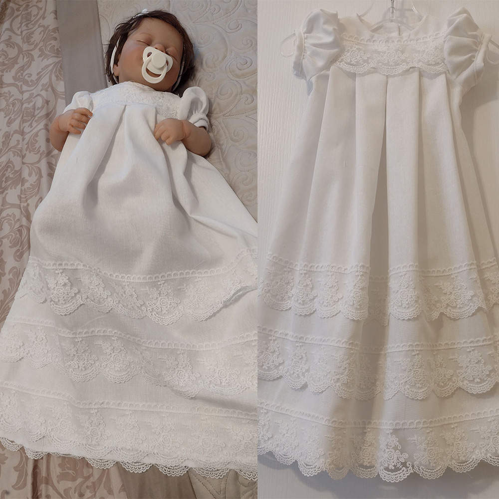 Classic First Communion Gown For Baby O Neck Lace Tulle Christening Dresses For Newborns Short Sleeve Appliques Kid Formal Wear Baptism Dress With Hat