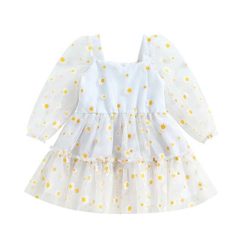 Preschool girl princess Tutu A-Line dress daisy print long sleeved pleated mesh chiffon dressW240720