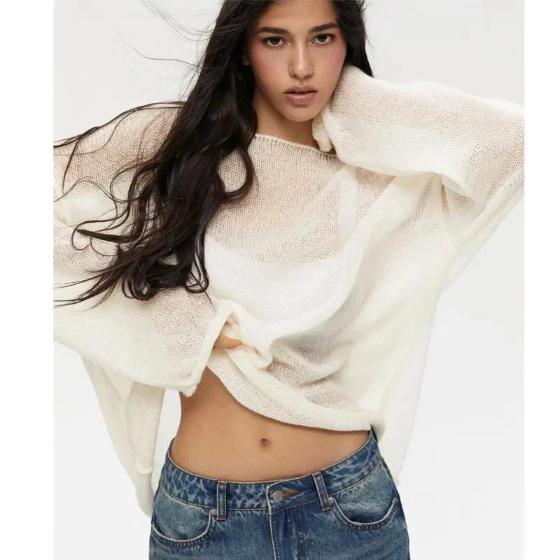 Loose Long Sleeve Mesh Sweatshirt Pullover Women Knitted Transparent Oversize T-shirt Fashion See Through O Neck Y2K Sweater Top 240806