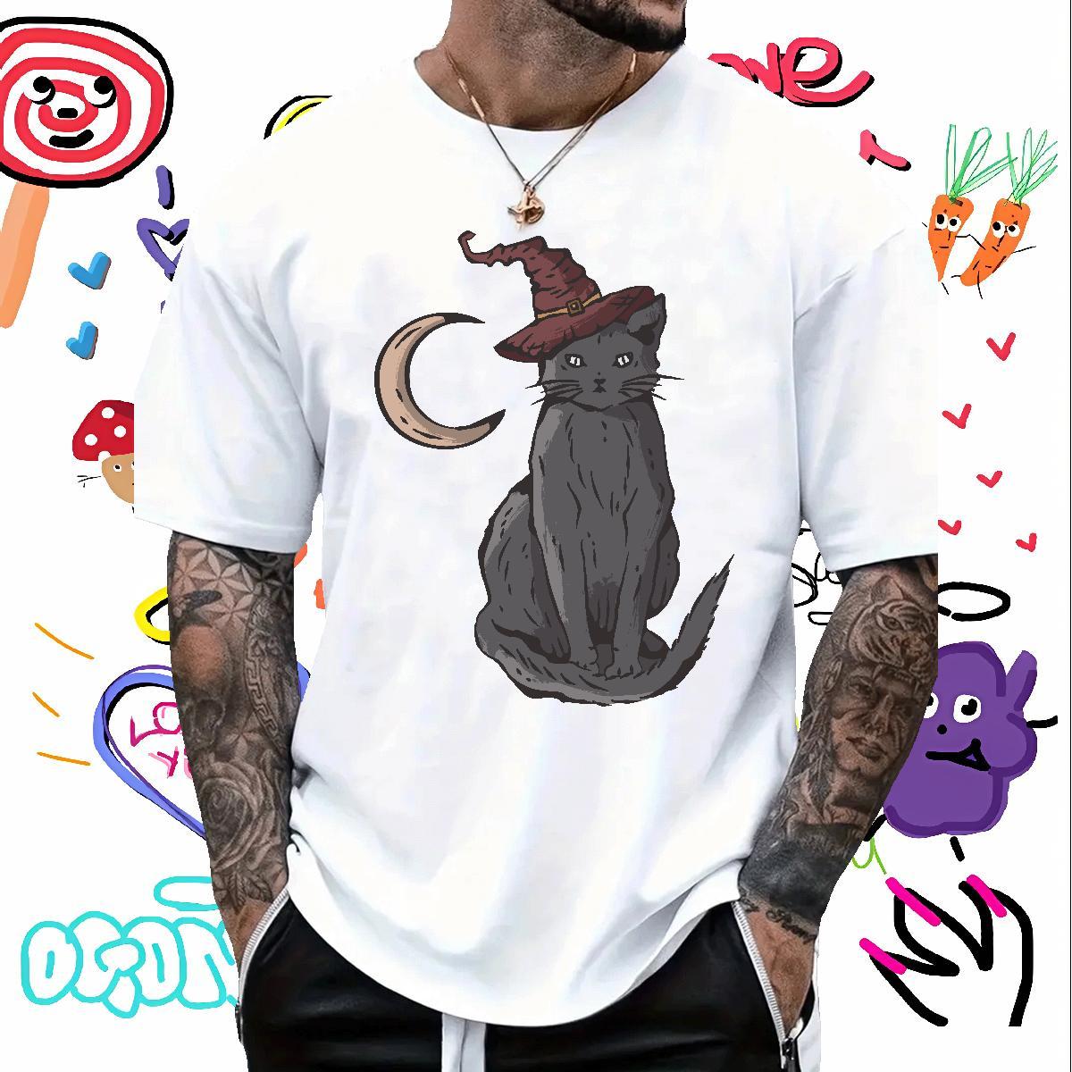 2024 New T-Shirts for Men 230g Pure Cotton cat Daily Wear Top Tees O-Neck Short Sleeve Classic Men Clothes T-Shirt DIY Printed