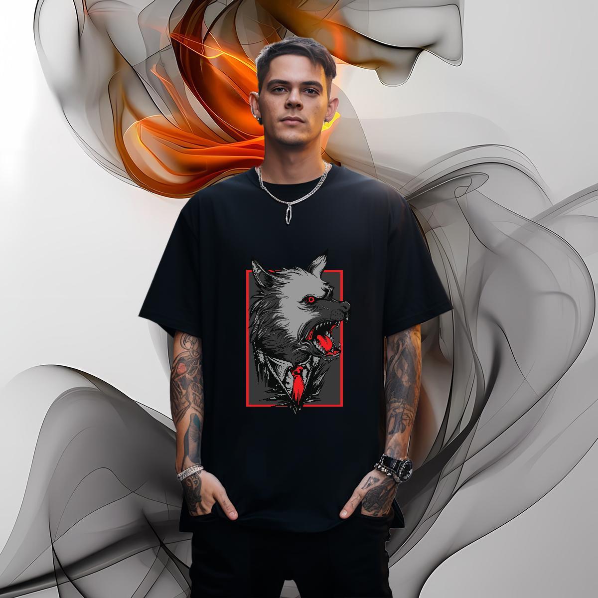 Stylist Men T Shirts 230g Pure Cotton wolf Hip Hop Tops Shirt Crew Neck High Quality Couples T Shirts White Plus Size