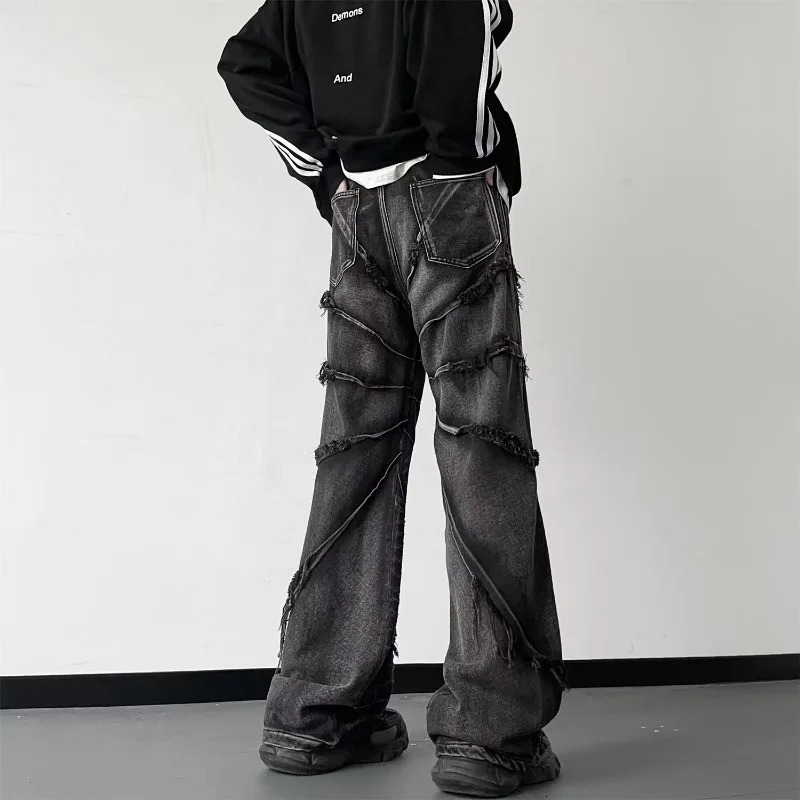 HOUZHOU Y2K Punk Black American Street Rock Retro High Waist Oversized Jeans Men Raw Edge Washed Darkwear Wide Leg Trousers 240806