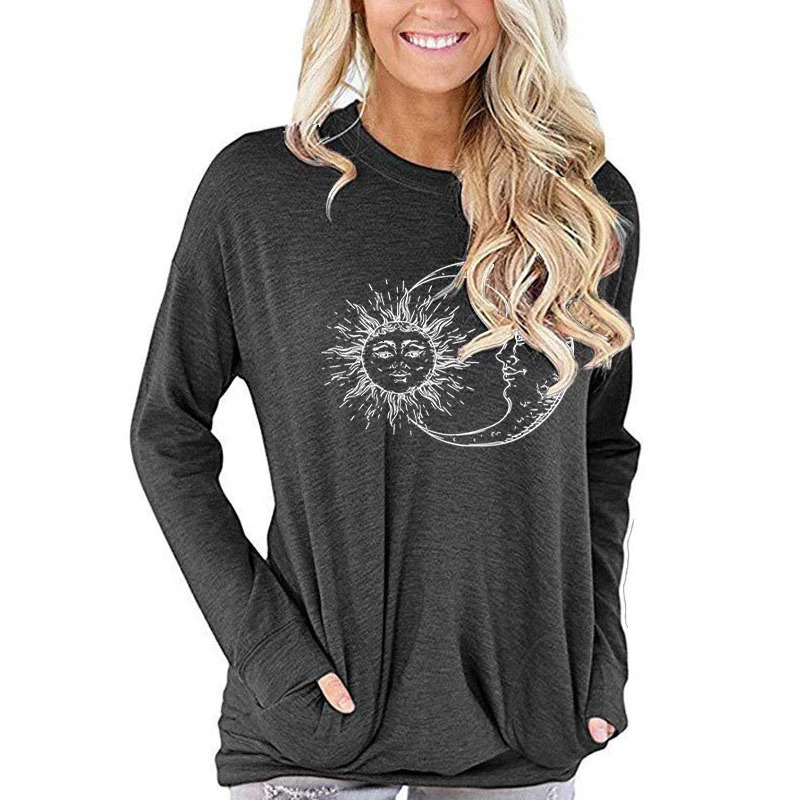 Vintage Sun Moon Graphic T-Shirt Long Sleeve Women Clothing Fashion Street Style Round Neck Tops Tee Funny Sun Moon Women Tshirt 240806