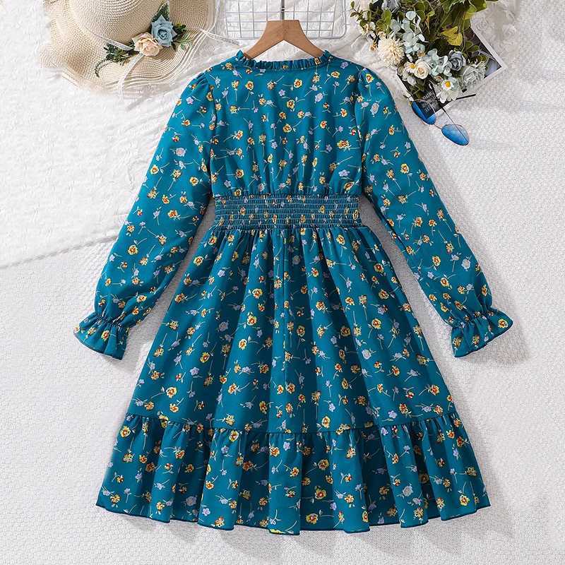 Childrens clothing girl dress 8-12 years old blue long sleeved elastic waist floral print fashion styleW240720