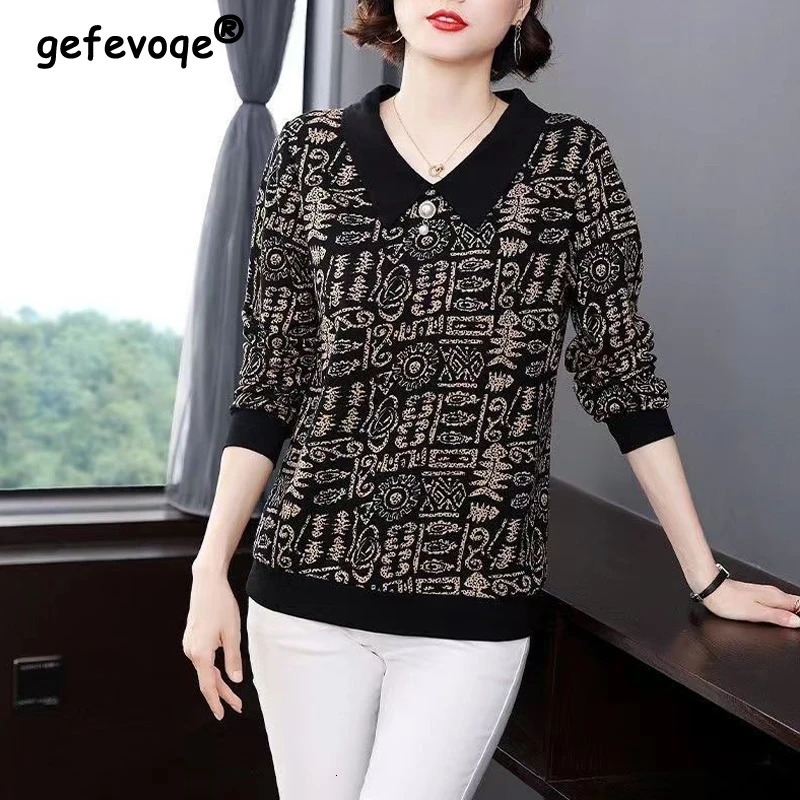 Womens Clothing Spring Autumn Fashion Print Elegant Cotton T-shirts Polo Collar Long Sleeve Loose Pullover Y2K Tops Female 240806