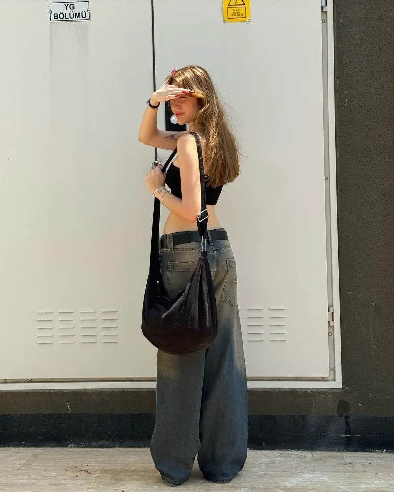 Y2K Harajuku Style Fashion Yellow Washed Baggy Jeans Women Street Vintage Hip Hop Casual High Waist Wide Leg Pants 240806