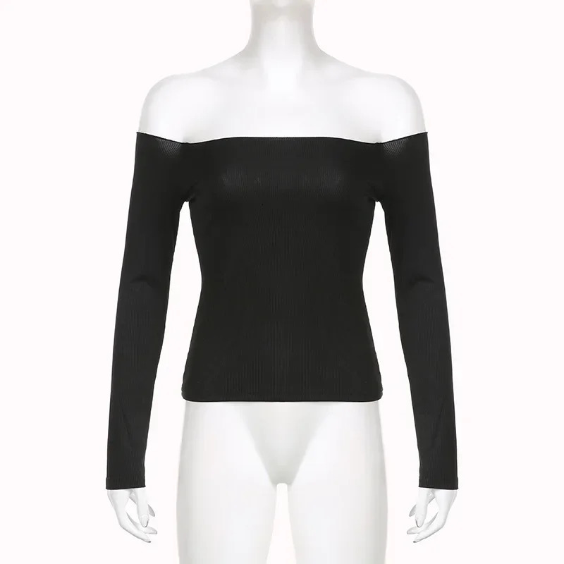 Solid Slash Neck Crop Top Women Off Shoulder Long Sleeve Skinny T-shirt Harajuku y2k Femme Clothing Autumn Casual Shirts 240806