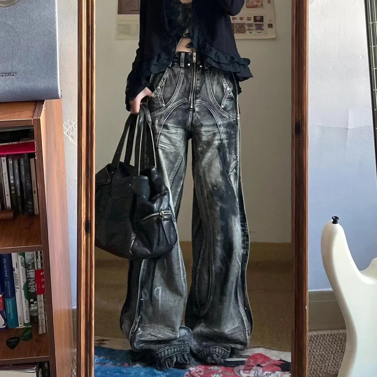 Y2K American Vintage hip-hop washing fashion striped graffiti jeans womens Harajuku punk Gothic wide pants Streetwear 240806