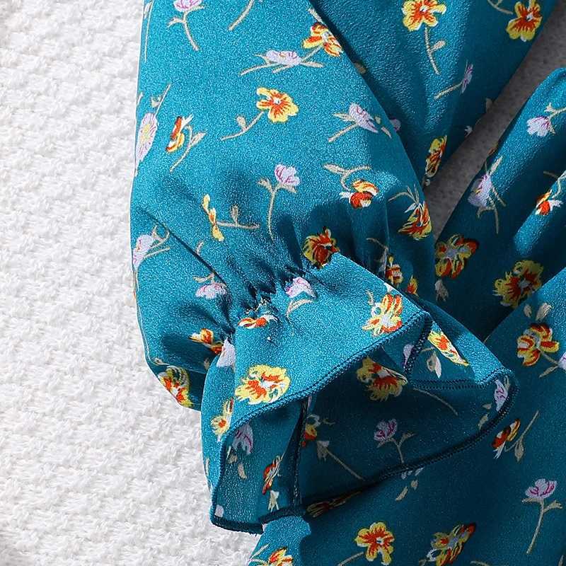 Childrens clothing girl dress 8-12 years old blue long sleeved elastic waist floral print fashion styleW240720