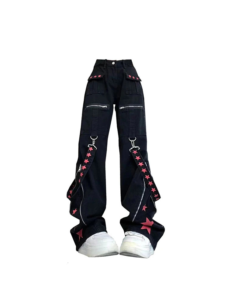Women Black Gothic Baggy Cargo Jeans Harajuku Vintage Y2k Denim Trousers Cowboy Pants 90s Aesthetic Trashy Emo 2000s Clothes Z260313