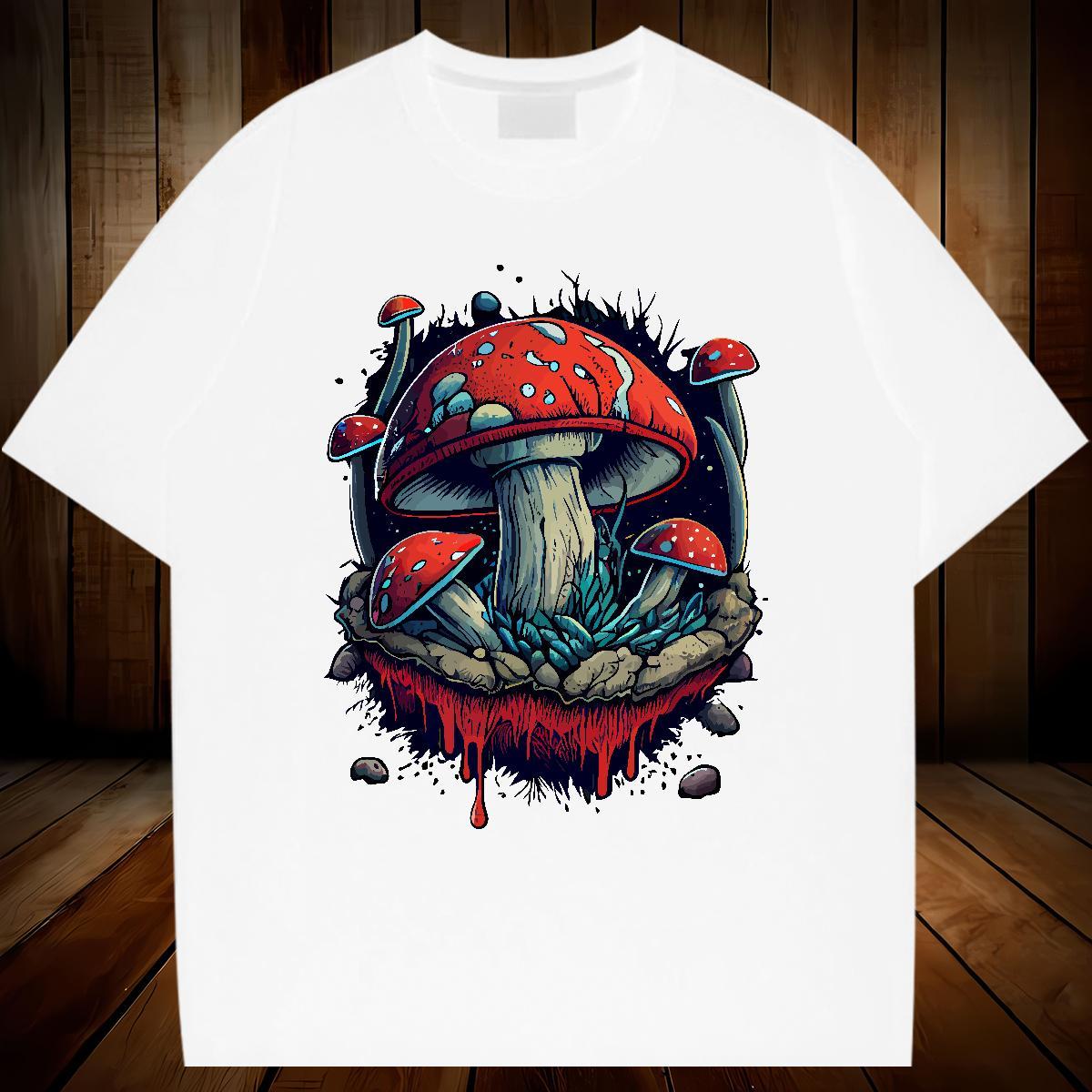 T Shirt For Man 230g Cotton mushroom Casual Beach Crew Neck Floral Print Mens Tshirts New Free Shipping Polos