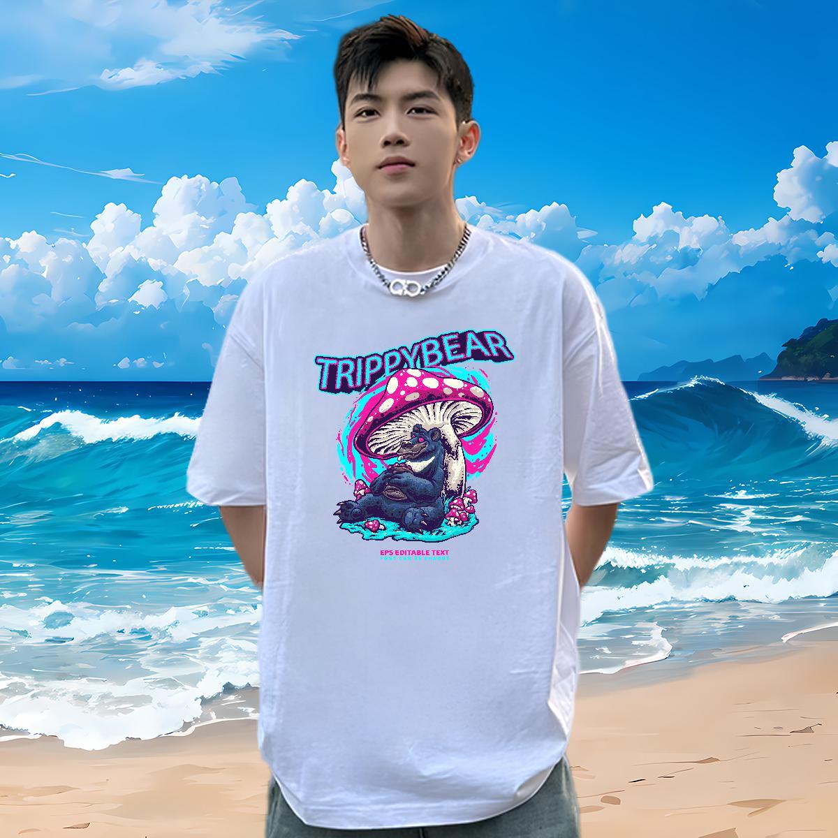 2024 Summer T-Shirts 230g Pure Cotton mushroom Street Casual Tops Breathable Short Sleeve Comfortable Men Tees DIY Logo Oversized
