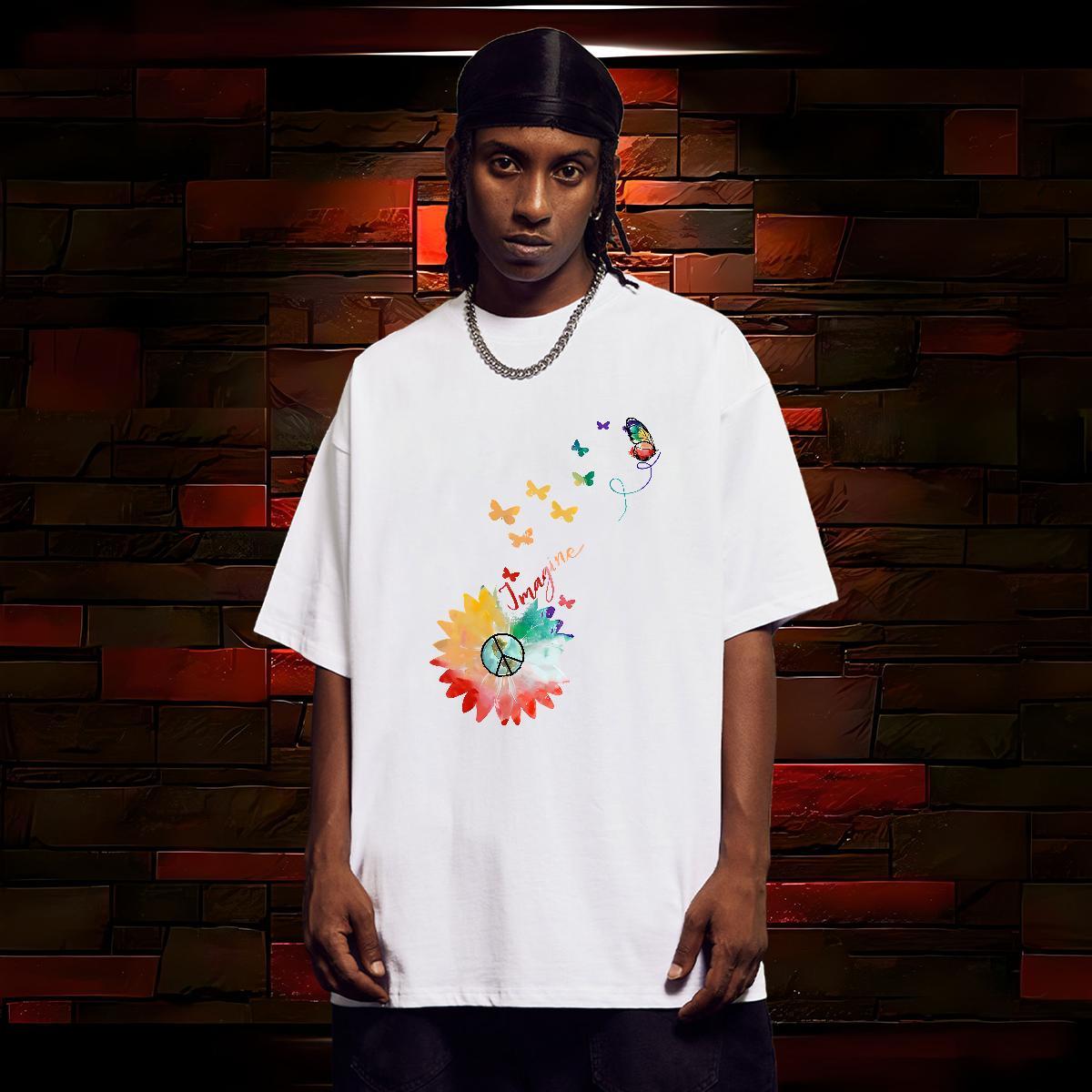 New T-Shirts 230g 100% Cotton Butterfly Casual Tops Breathable Short Sleeve Soft Men Tshirts Floral Print
