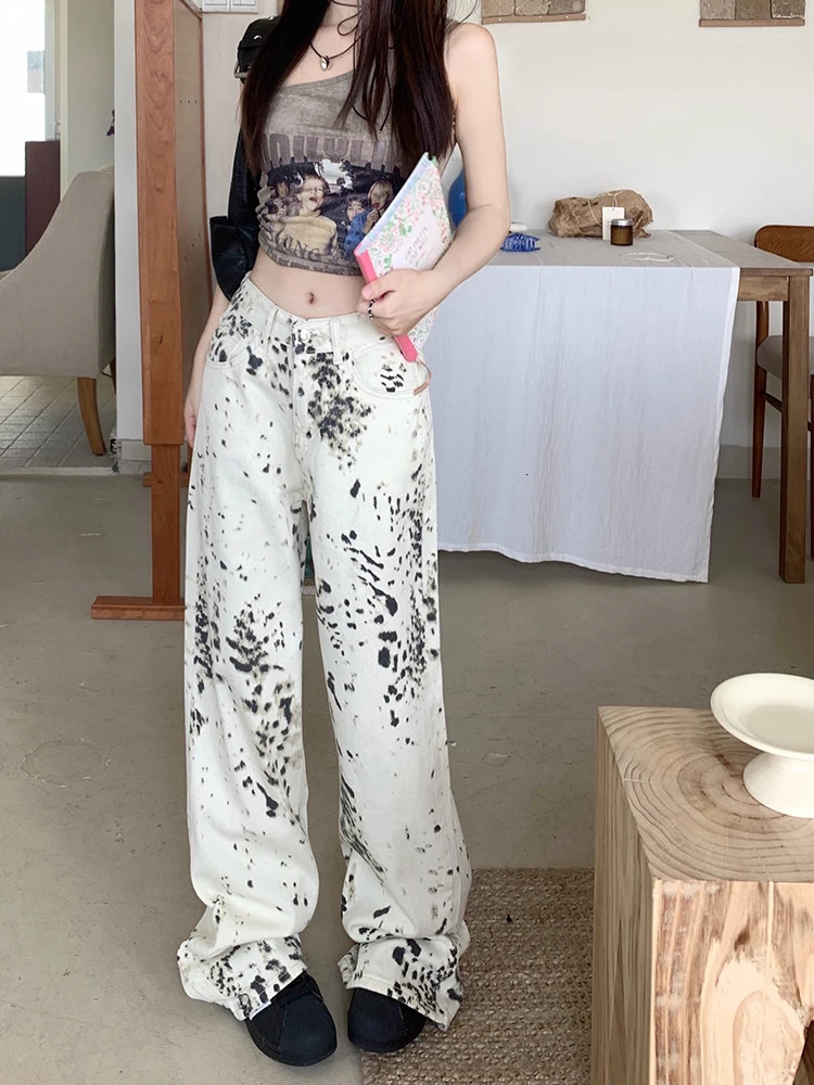 WCFCX STUDIO American Retro Trendy Leopard Print Jeans Womens High Street Straight Trousers Harajuku Style Baggy Casual Pants 240806