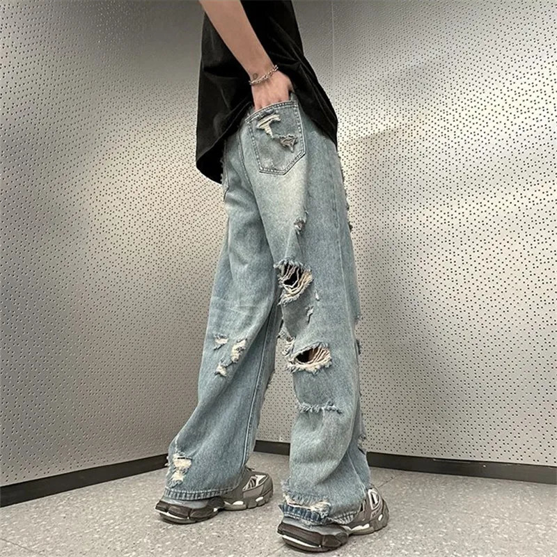 High Street Ripped Jeans Mens Clothing Solid Color Y2K Wide Leg Pants Spring Summer Button Pocket Loose Trousers A048 240806