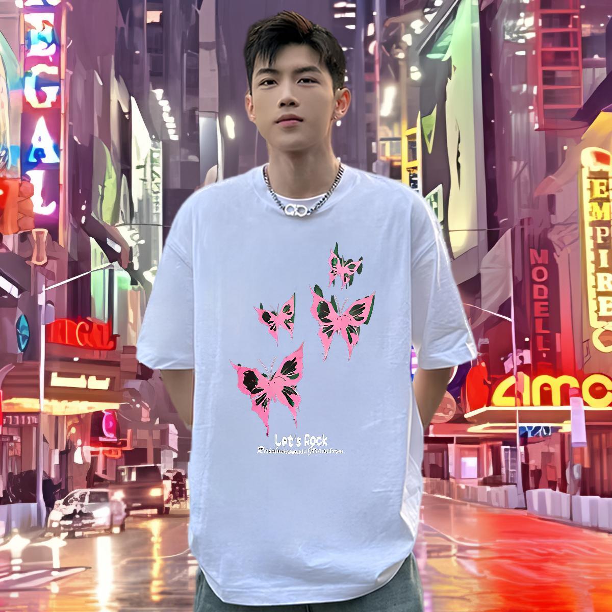 New Man T Shirts 230g Pure Cotton Butterfly Spring Summer Clothes Breathable Soft High Quality Men Tshirts Cartoon Printing L-4XL