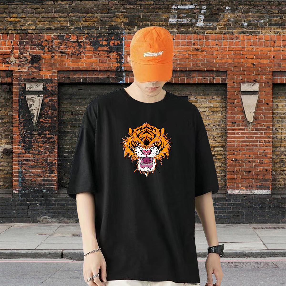 New T Shirt For Man 230g Pure Cotton tiger Street Top Tees Breathable Short Sleeve Unisex Men Tops Tees Custom Cartoon