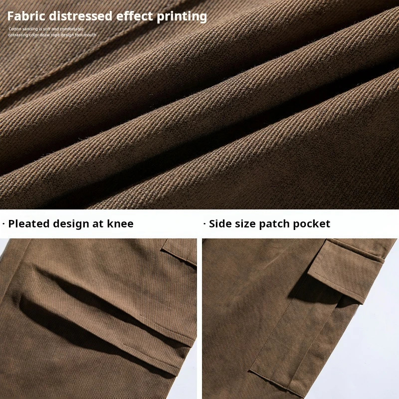HANLU Dirty dyeing to make old prints Classical Cotton Cargo Pants Mens Loose Fit Wide Leg Trousers Baggy Autumn 240806