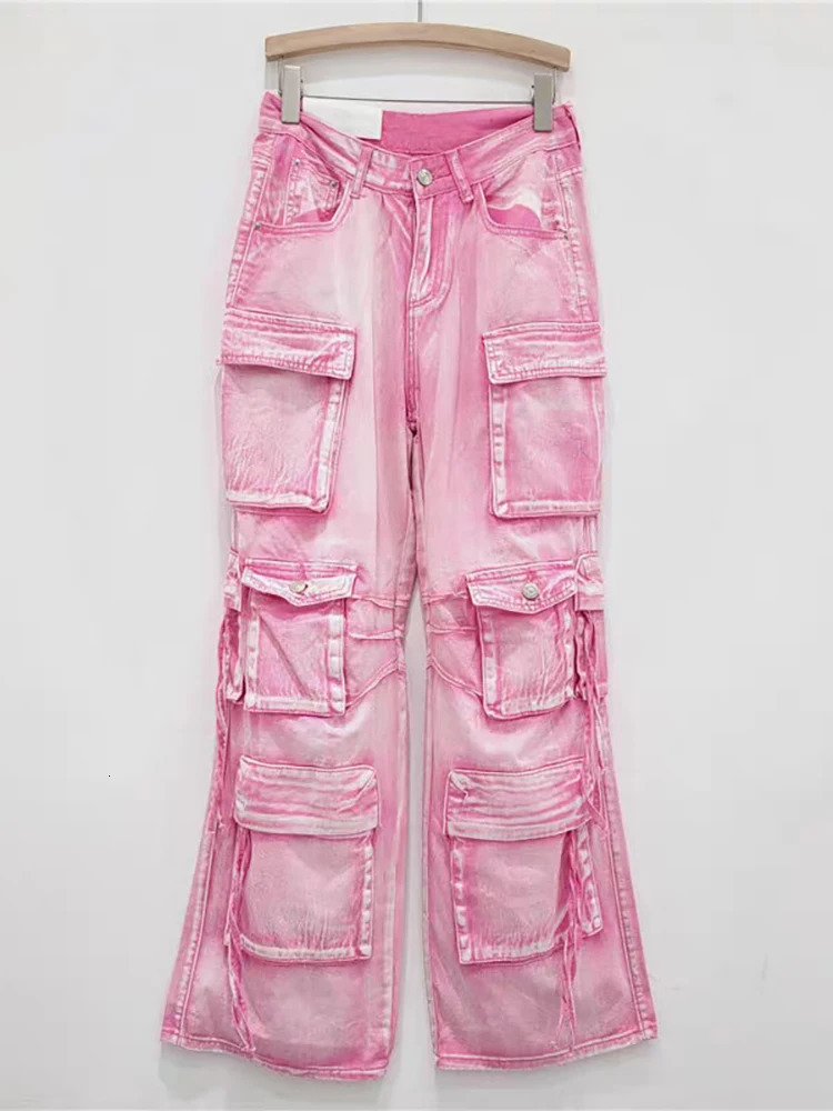 DEAT Womens Jeans High Waist Multiple Pockets Pink Washed Straight Wide Leg Cargo Denim Pants Summer Fashion 29L7634 240806