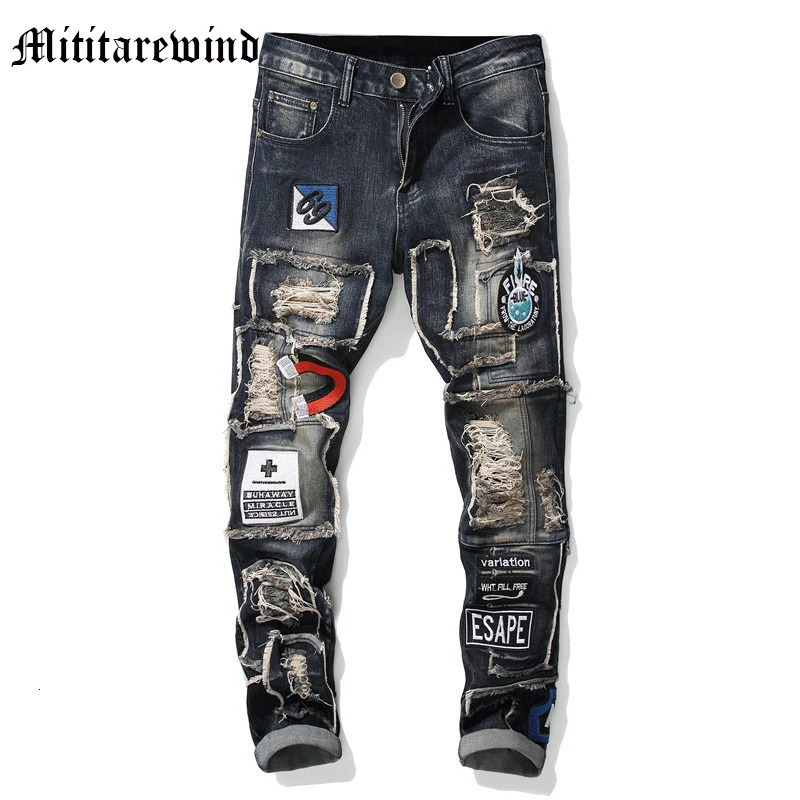 Men Jeans Vintage Washed Print Denim Trousers Stretch Casual Slim Pencil Pants Patchwork Cargo Pants Fashion Streetwear Skinny 240806