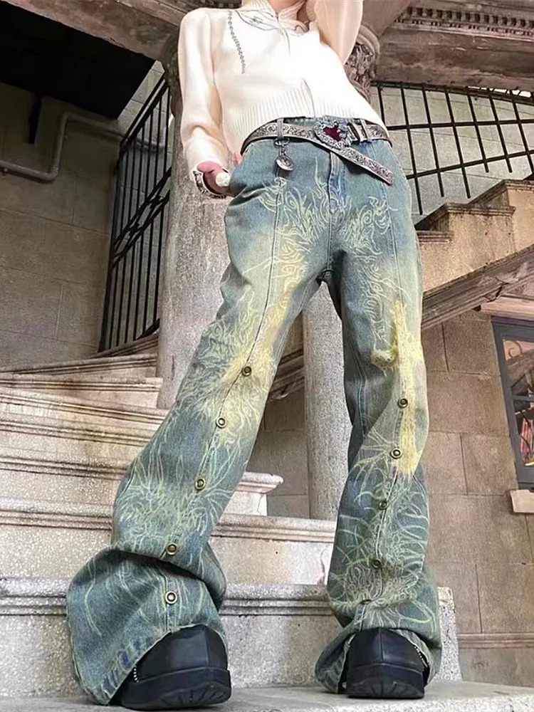 Y2K Fashion Graphic Print Vintage Blue Baggy Flare Jeans Pants For Women Clothing Straight Old Lady Gothic Denim Trousers 240806