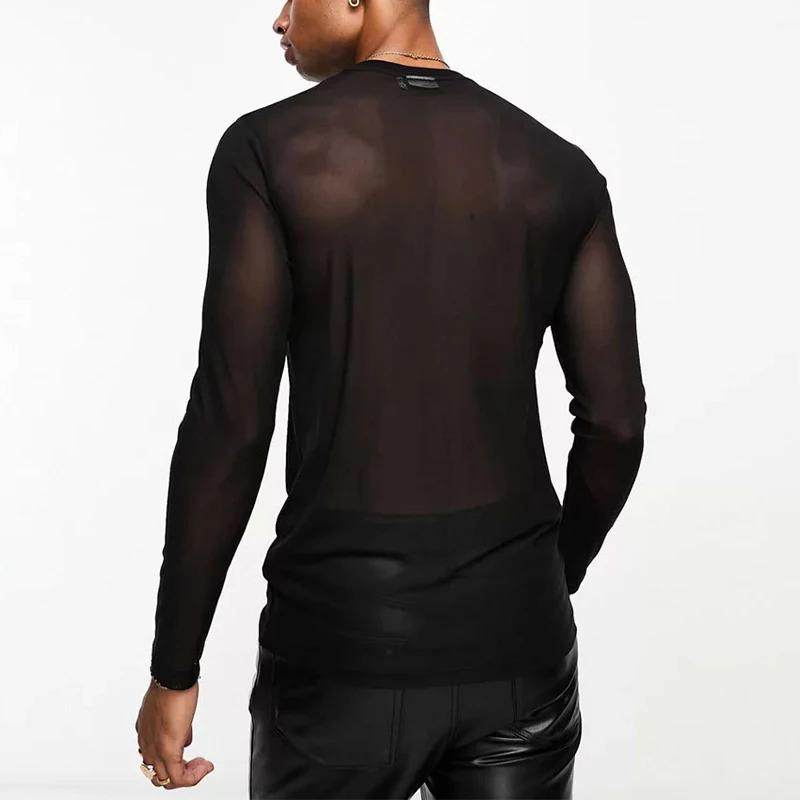 Spring Mens Mesh T-shirts Sexy See Through Thin Tops Party Fashion Men Clothes O Neck Long Sleeve Transparent T Shirt 240806CJ