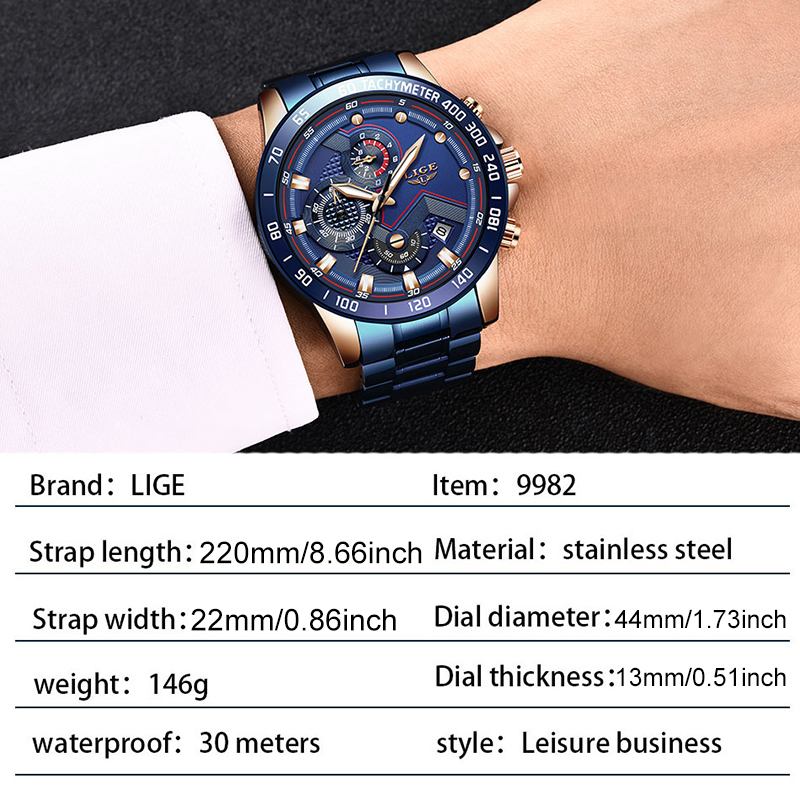 LIGE Men Watch Sport Chronograph Watch for Men Fashion Stainless Steel Quartz Wristwatches Luminous Man Clock