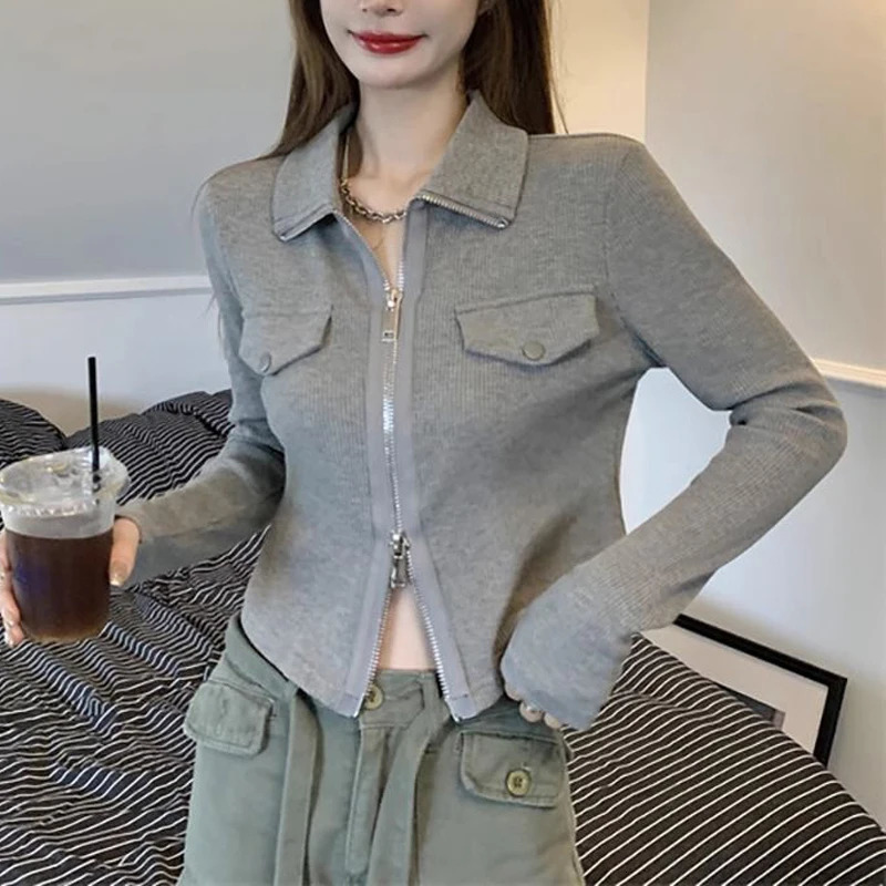 Spring and Autumn Womens Fashion Polo Collar Zipper Long Sleeve T-shirt Y2K Womens Black Grey Ultra Thin Fashion Sexy Crop Top 240827