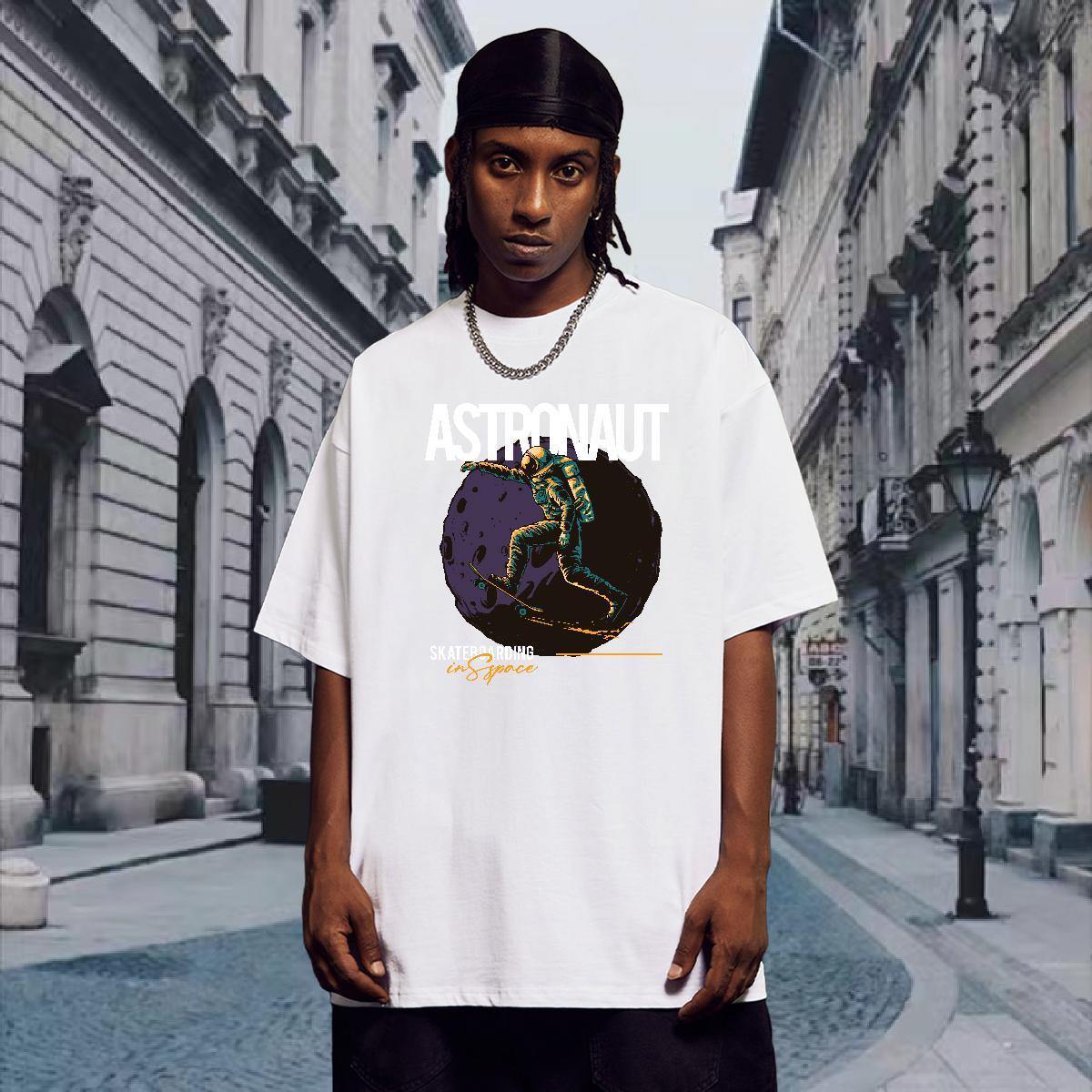 T-Shirts for Men 100% Cotton 230g spaceman Casual Beach Breathable Short Sleeve Cartoon Print Men Clothes T-Shirt New Arrival Soft Wear