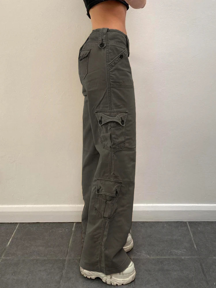Weekeep Baggy Women Jeans Low Rise Button Fly Straight Womens Denim Cargo Pants y2k Grunge Trousers Pocket Patchwork Streetwear 240806