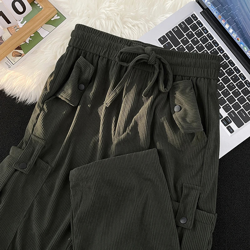 Vintage Corduroy Pants Men Women Americanstyle Multipocket Padded Trousers Harajuku Straightleg Wideleg Pant Unisex 240806