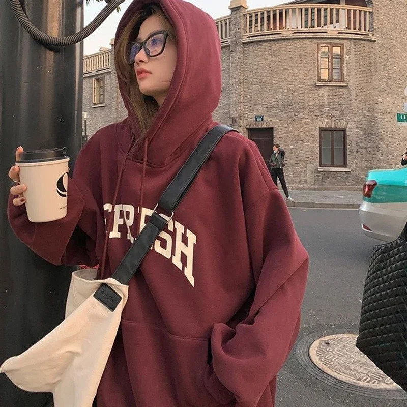 Rimocy Autumn Winter Printed Hoodie Women Korean FashionThicken Hooded Sweatshirts Woman Y2K Streetwear Loose Hoodies 240806