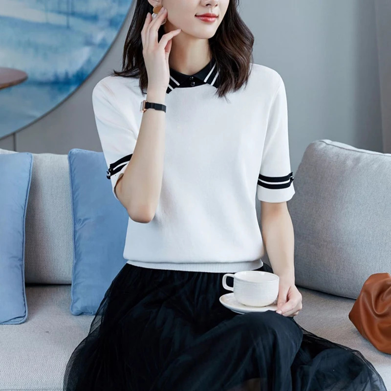 Summer Halft Sleeve Knitting Tee Female Casual Fashion Tee Slim Patchwork Pullover Tops Women Polo-neck All-match T-shirt 240806