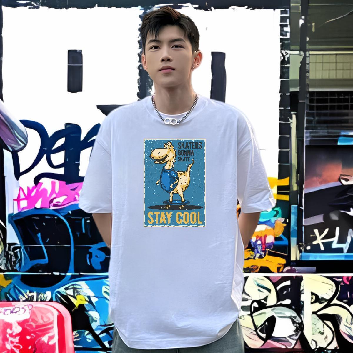 Factory Direct Mens T Shirts 230g Cotton dinosaur Street wear Hip Hop Tops Tees Pure Cotton Loose Fit Men Tees DIY Printed