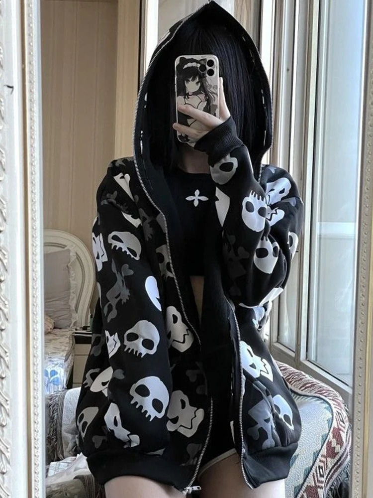 AltGoth Cyberpunk Y2k Sweatshirt Women Mall Goth Harajuku Skull Printed Long Sleeve Zipper Cardigan Hoodie Emo Alt Indie Clothes 260626 - view 3