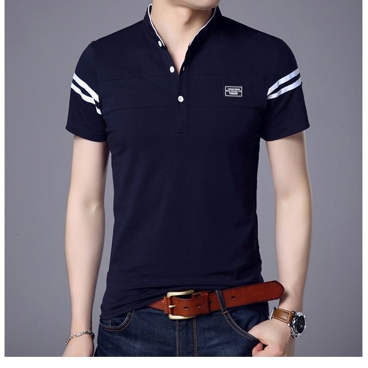 Short short sleeved stand up collar polo shirt solid color casual versatile T-shirt men's clothing