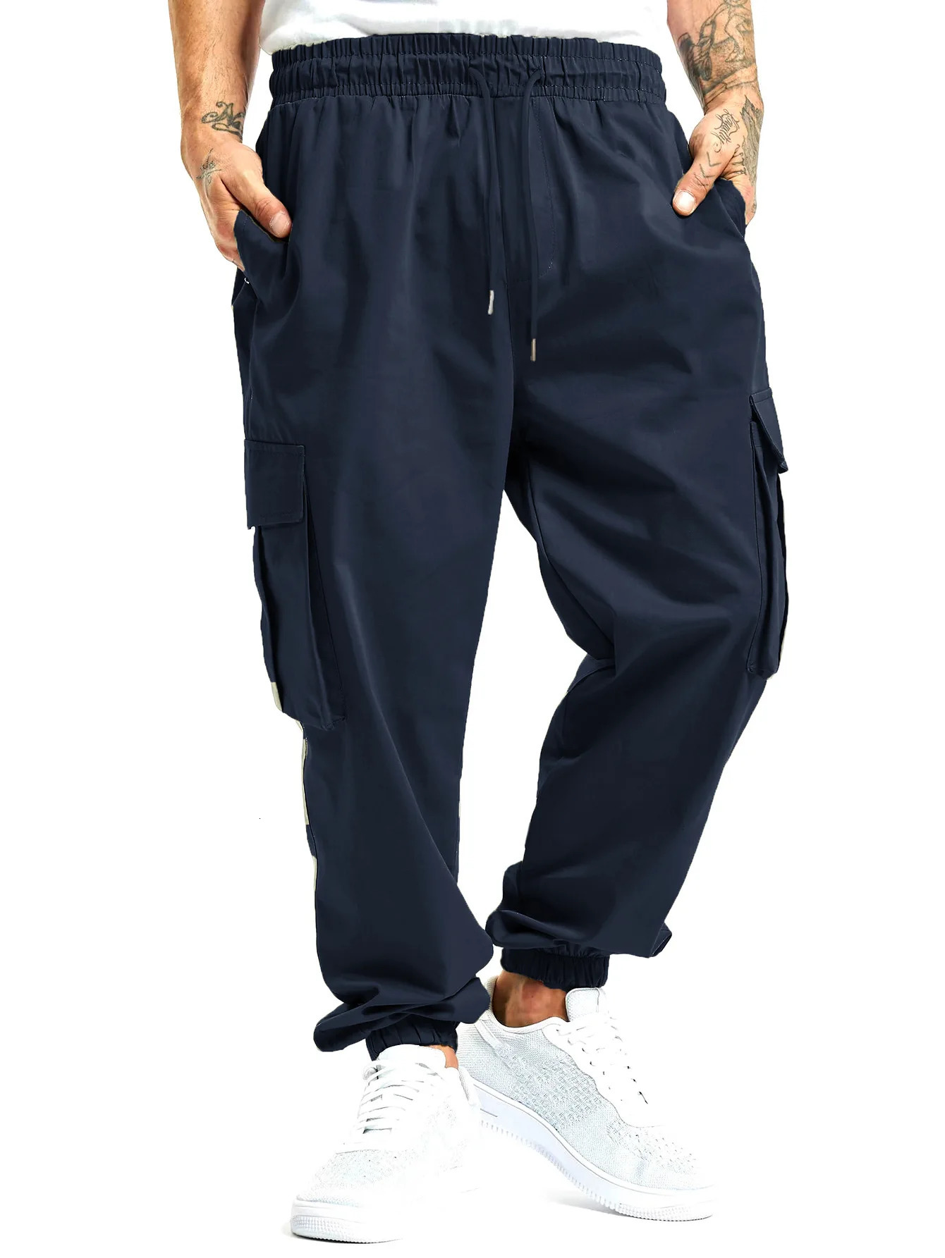 Mens Spring And Fall Loose MultiPocket Drawstring Work Pants Outdoor Washed Vintage High Street HipHop Casual 240806